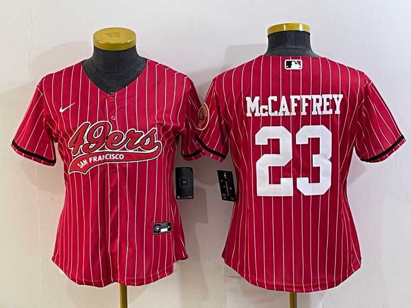 Womens San Francisco 49ers #23 Christian McCaffrey Red Pinstripe With Patch Cool Base Stitched Baseball Jersey->women nfl jersey->Women Jersey